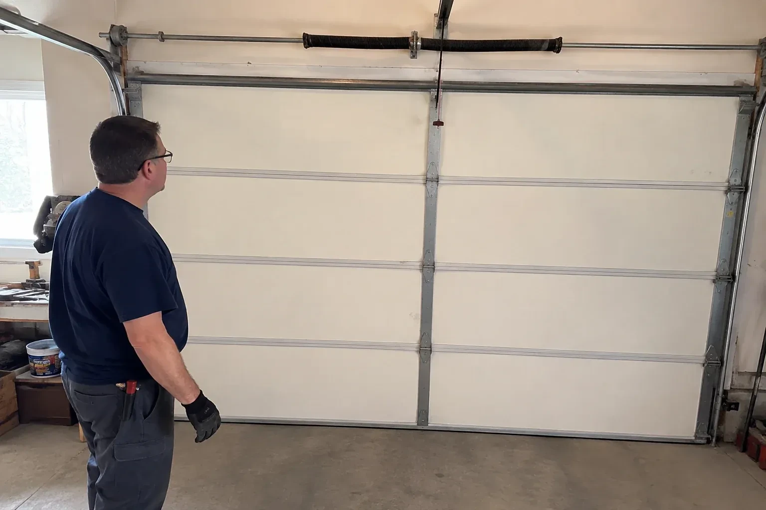 Person in a dark shirt standing before a closed cream sectional door, looking up at a coiled spring and red-tipped cord. — Off-Track Garage Door Reset, Welland