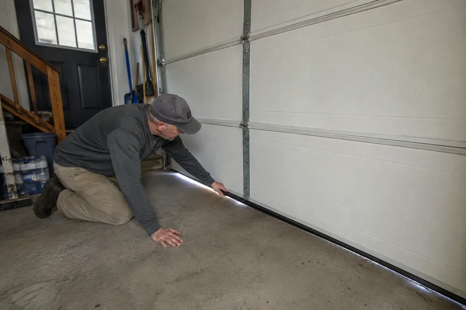 A person kneels beside the black bottom seal of a garage door, with daylight visible beneath the edge. — Garage Door Bottom Seal Replacement, Welland