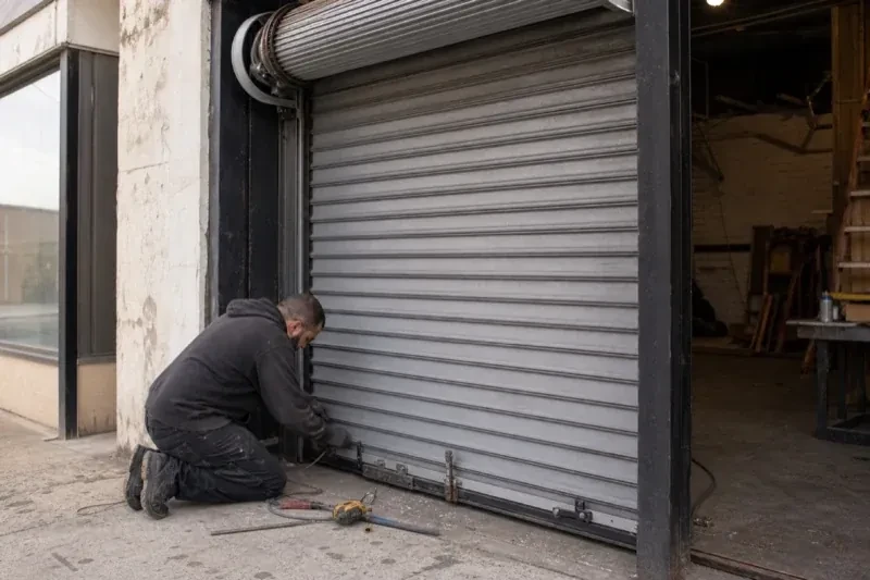 Person kneeling beside the bottom of a metal rolling door with tools on the ground — Commercial Rolling Door Repair, Welland
