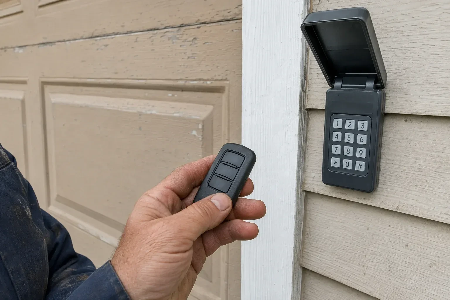 A hand holds a three-button remote beside an exterior garage keypad with its cover open. — Garage Door Remote and Keypad Programming, Welland