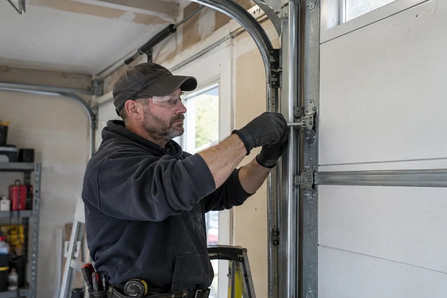 Technician in a dark cap and safety glasses holding a small metal tool against a hinge bracket on the vertical door track.
