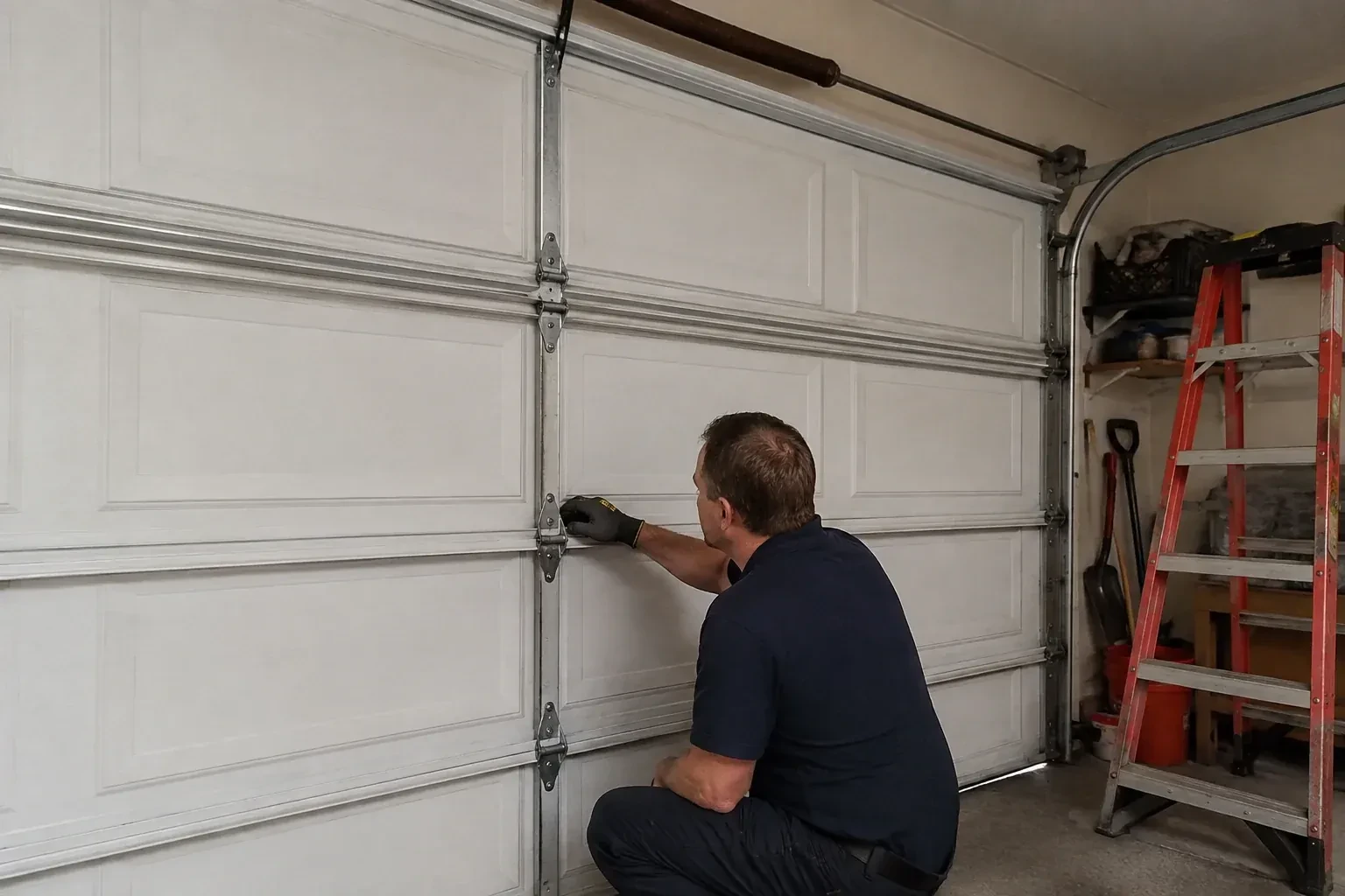 A person examines a central hinge joining two sections of a closed garage door. — Garage Door Hinge Replacement, Welland