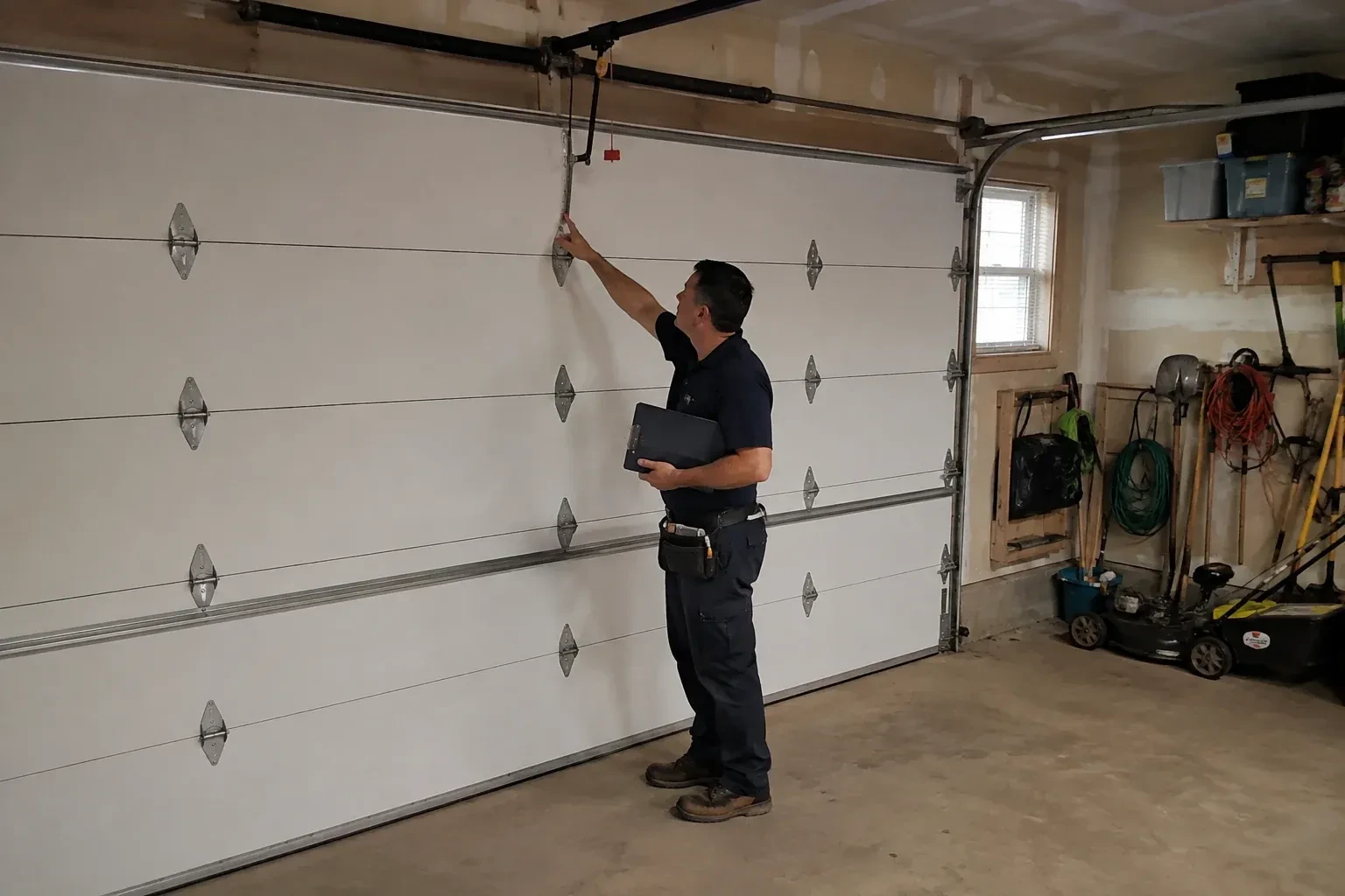 A person holding a clipboard examines the interior hardware of a closed garage door. — Garage Door Tune-Up, Welland