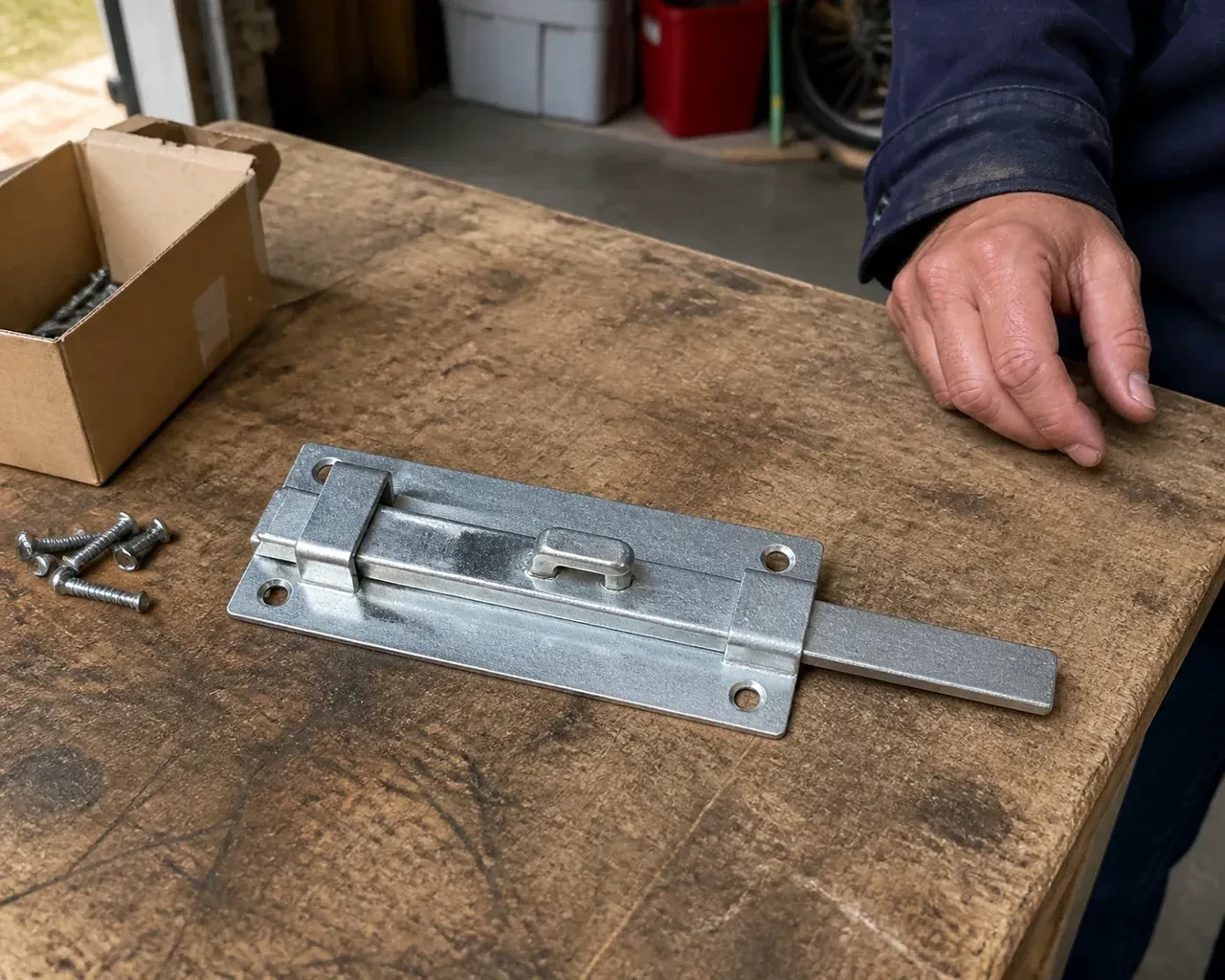 A detached metal slide bolt with mounting holes and retaining guides rests beside screws on a workbench. — Garage Door Manual Lock Repair, Welland