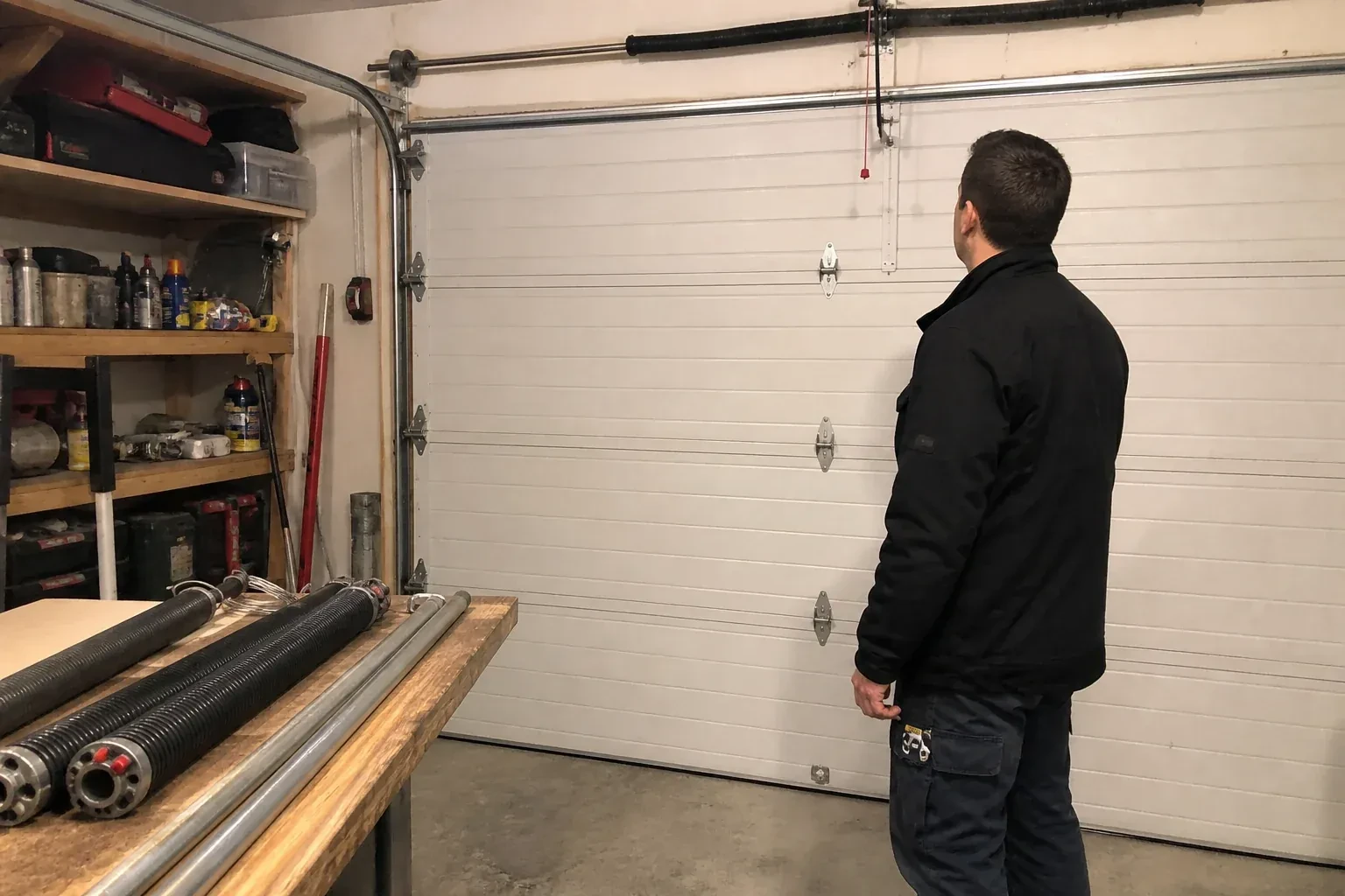 Person in a jacket facing a closed white sectional door, with coiled springs and steel tubes on a wooden bench. — Extension Spring Replacement, Welland