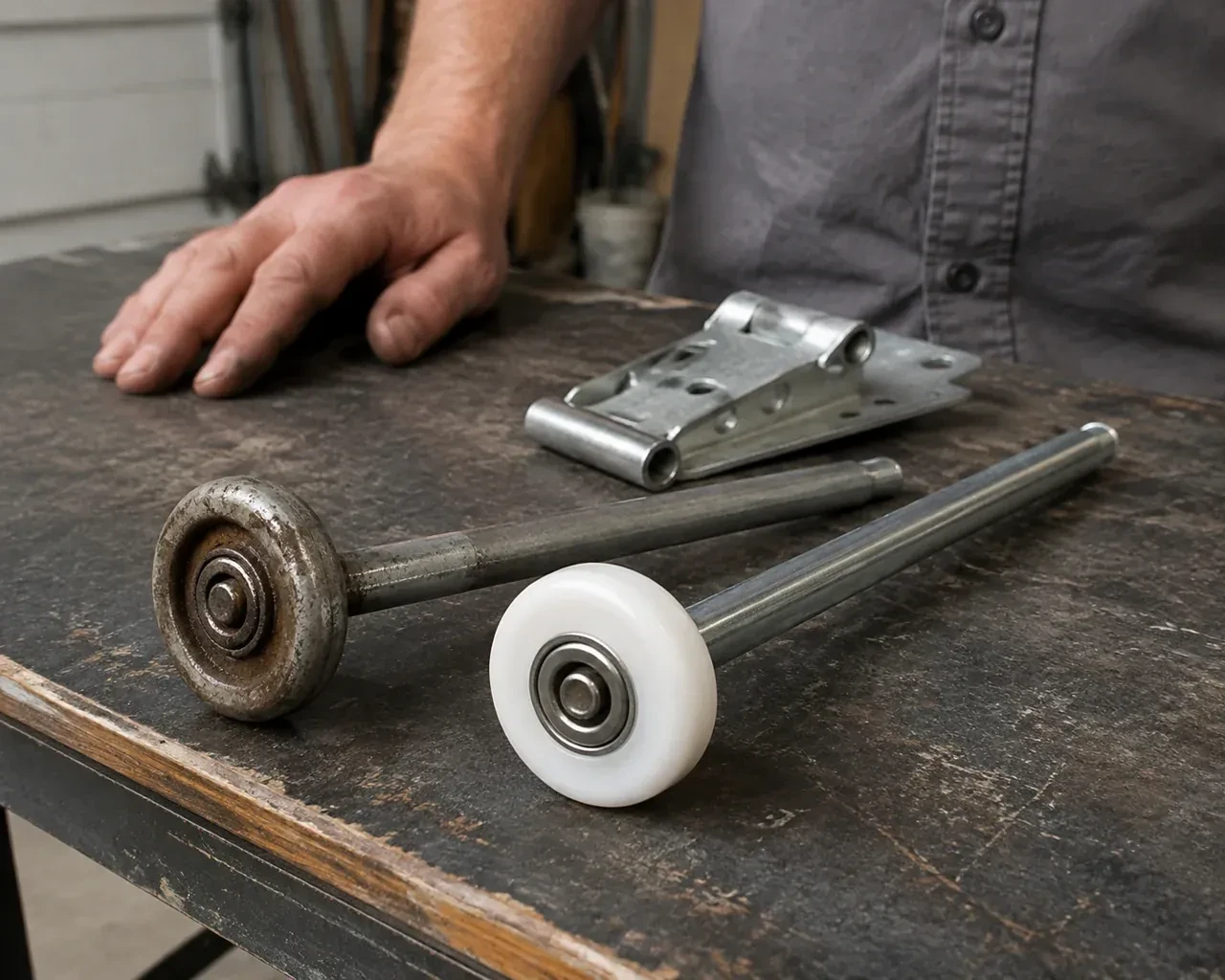 Steel and nylon garage-door rollers with long stems lie beside a detached hinge on a workbench. — Garage Door Roller Replacement, Welland
