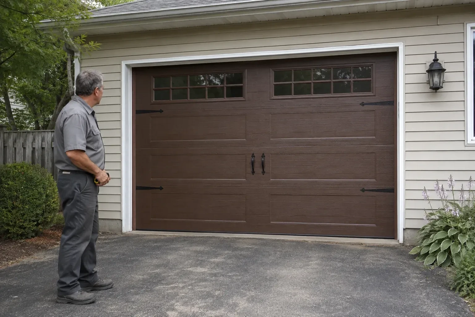 A person stands beside a closed brown garage door with upper windows and black decorative straps and handles. — Carriage-House Garage Door Installation, Welland