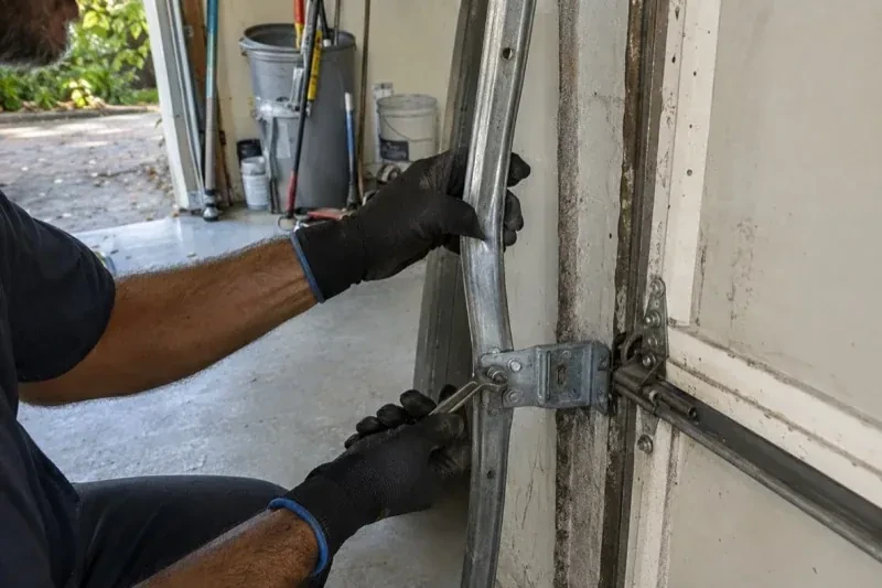 Gloved hands holding a vertical garage-door track and a wrench at its mounting bracket beside a door hinge. — Garage Door Track Repair or Replacement, Welland