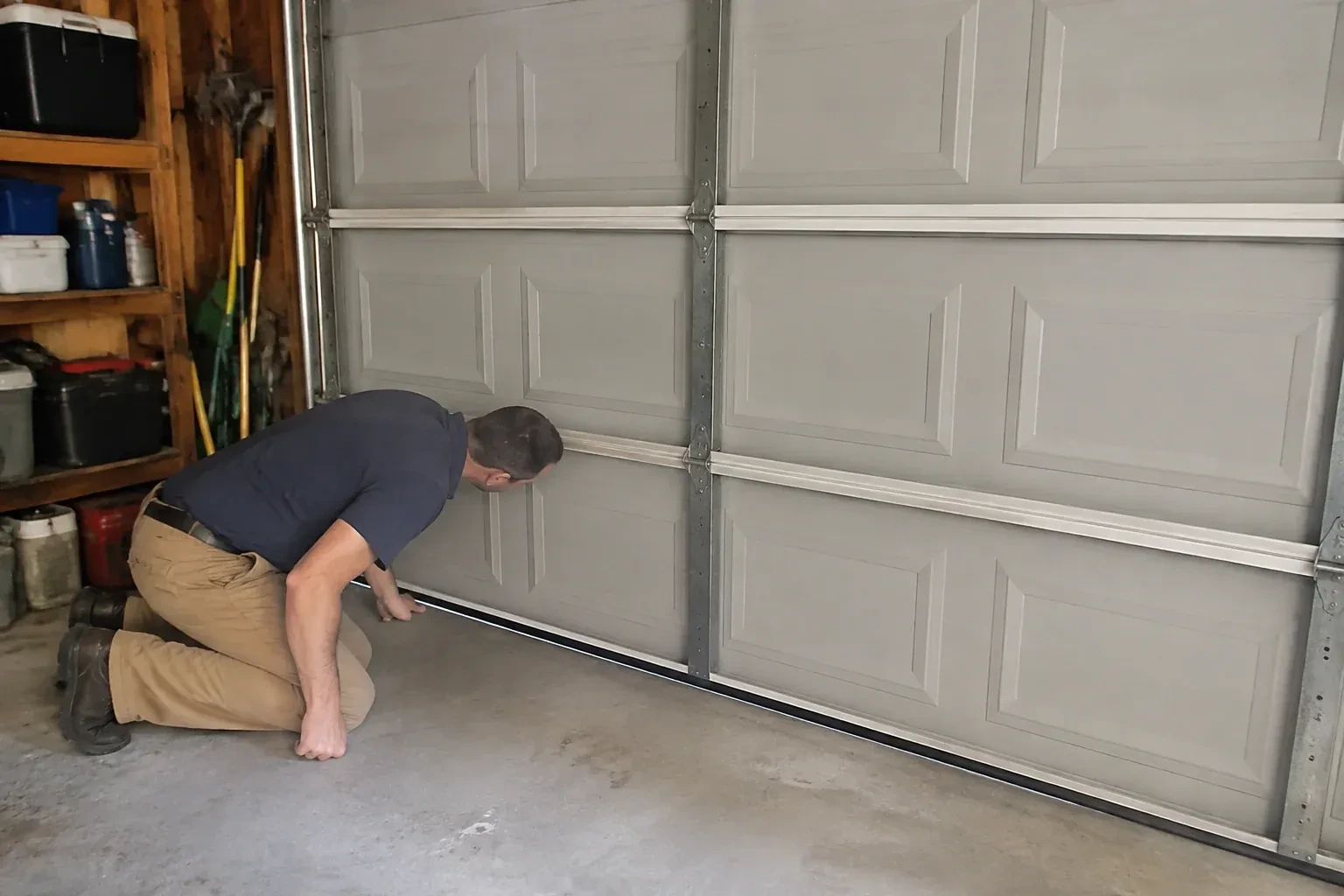Person kneeling with a hand at the base of a gray paneled door that has a black strip along its bottom. — Garage Door Perimeter Weatherstrip, Welland