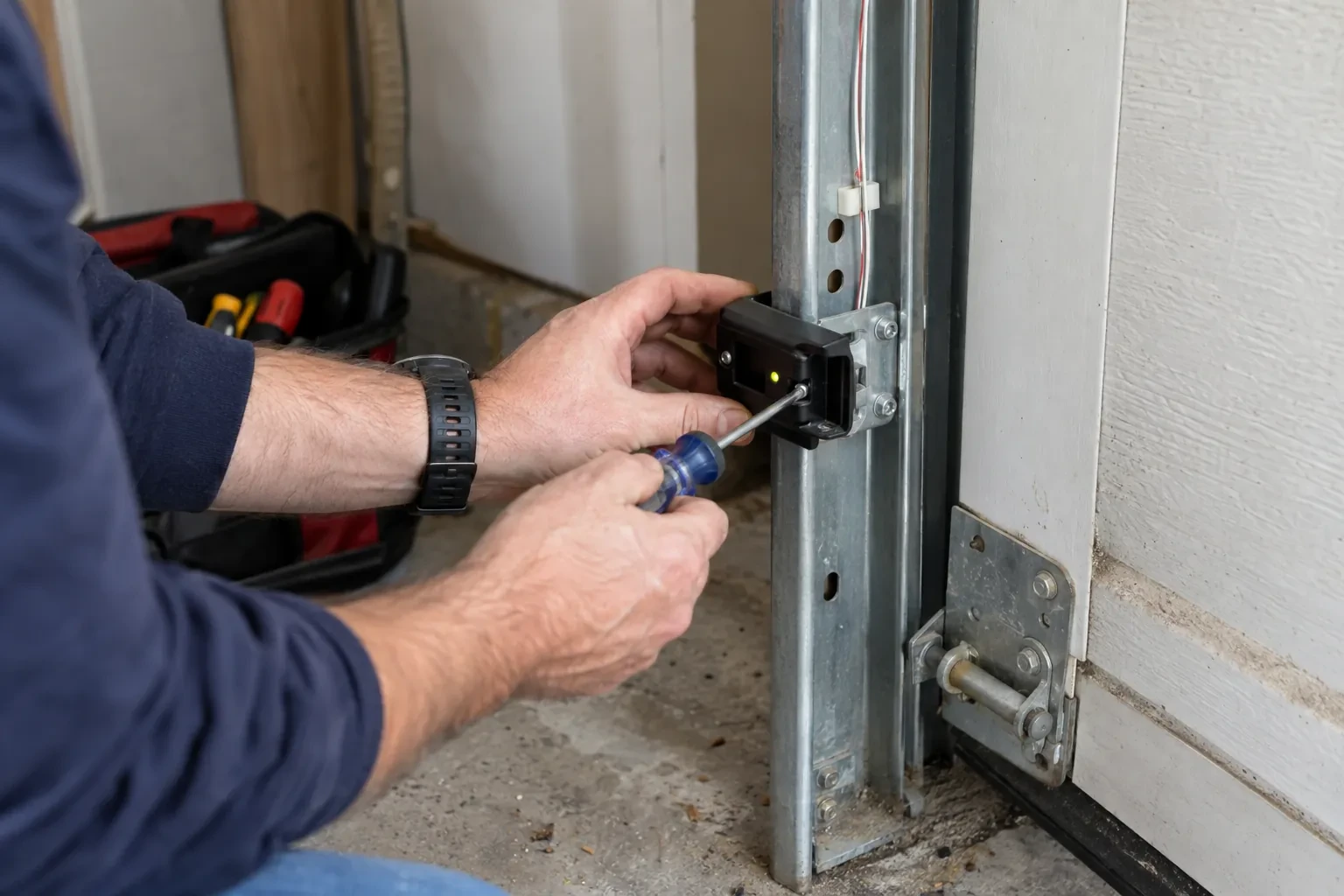 Hands using a blue-handled screwdriver on a small black box with a green light, mounted to a galvanized garage-door track. — Wainfleet