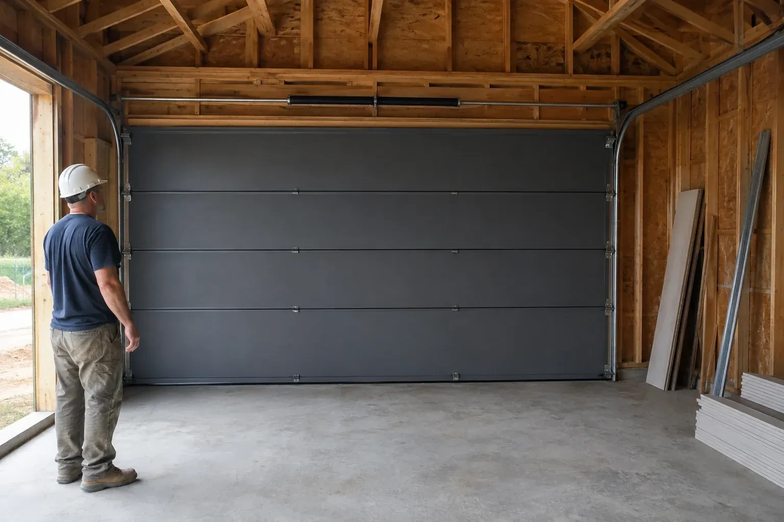A person wearing a hard hat stands beside a dark sectional door in an unfinished timber-framed garage. — New-Construction Garage Door Installation, Welland