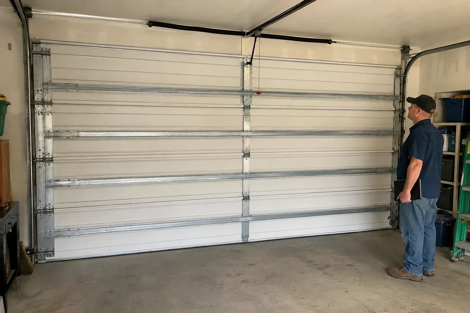A person examines horizontal metal reinforcement members across the interior of a closed garage door. — Wind-Rated Garage Door Replacement, Welland