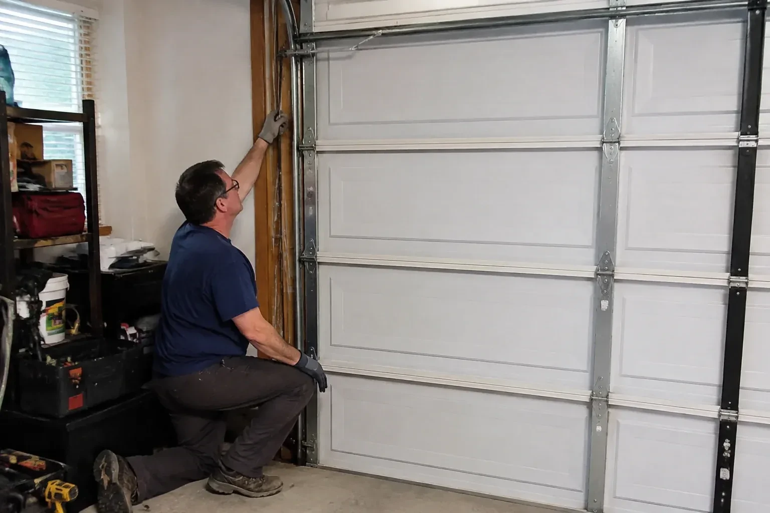 Person kneeling inside a garage reaching up along the vertical track of a white paneled door, with a toolbox and drill nearby. — Garage Door Cable Replacement, Welland
