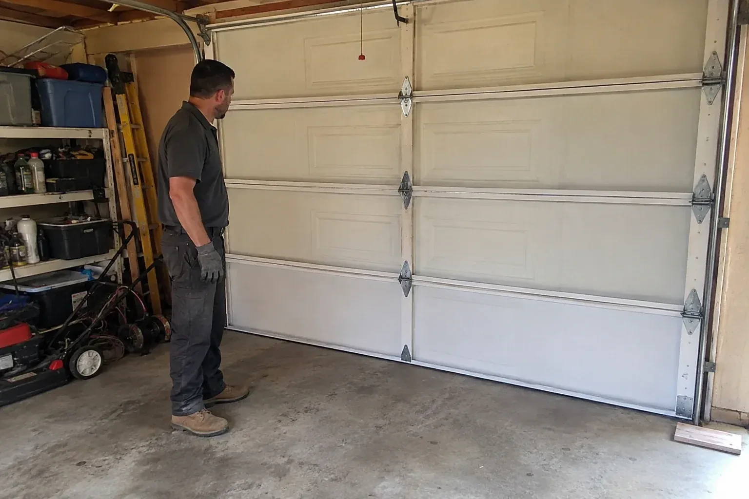 A person examines the interior panels and hinges of a closed sectional garage door. — Garage Door Panel Replacement, Welland