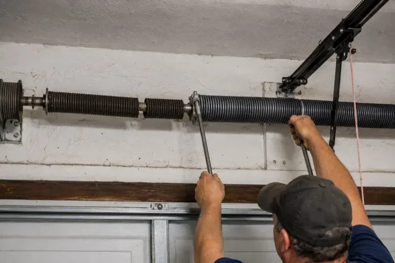 Person holding metal bars beside exposed coiled springs above a garage door. — Torsion Spring Replacement, Welland