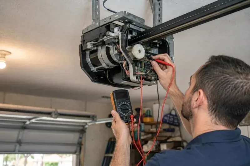 Person holding a multimeter and a red probe near the exposed circuit board of an overhead garage-door opener. — Garage Door Opener Diagnosis and Repair, Welland