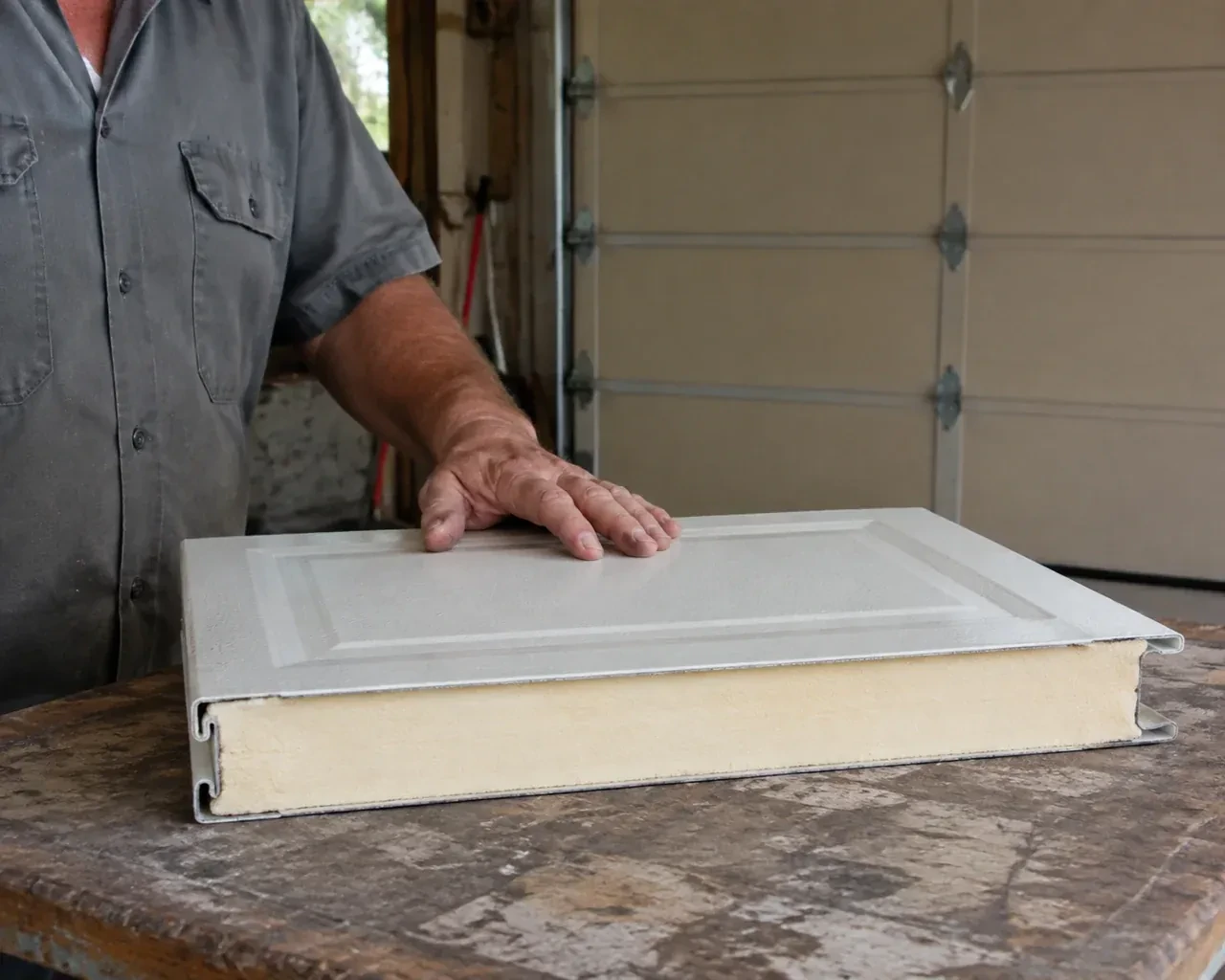 A panel sample exposes a cream foam core between thin metal faces on a garage workbench. — Insulated Steel Garage Door Installation, Welland