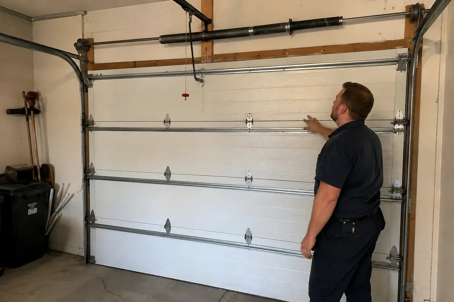 A person stands beside a closed sectional door beneath its overhead spring assembly. — Garage Door Balance Adjustment, Welland