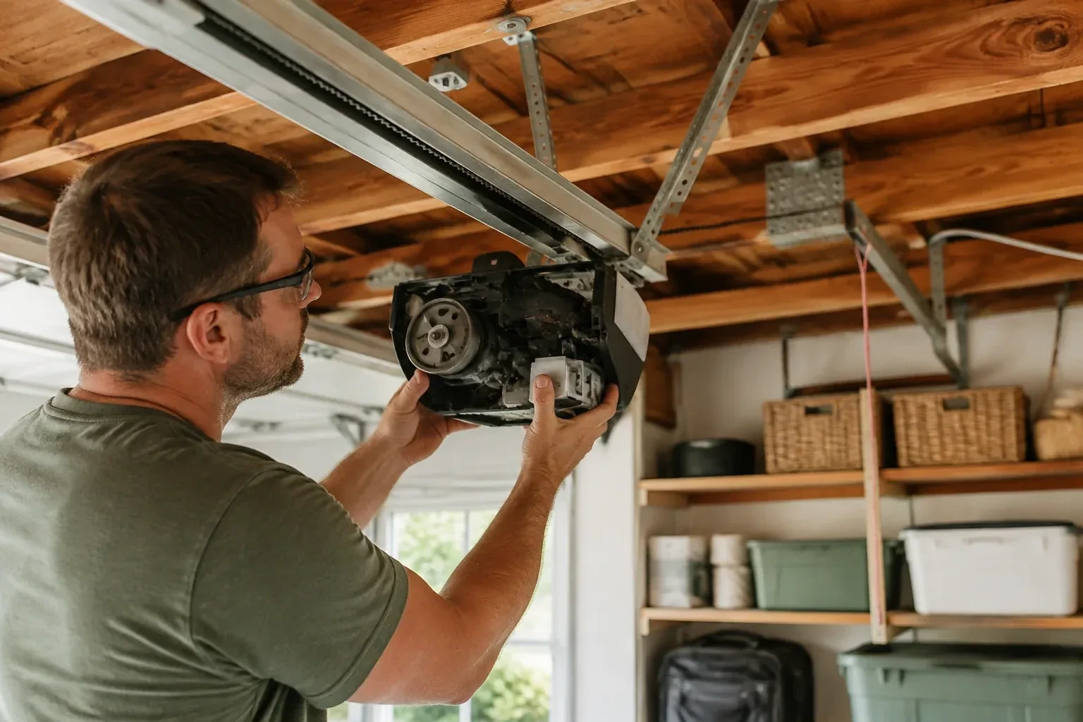 Person in a green shirt and glasses holding an opened opener housing that shows a gear, under wooden ceiling joists. — Belt-Drive Opener Repair, Wainfleet