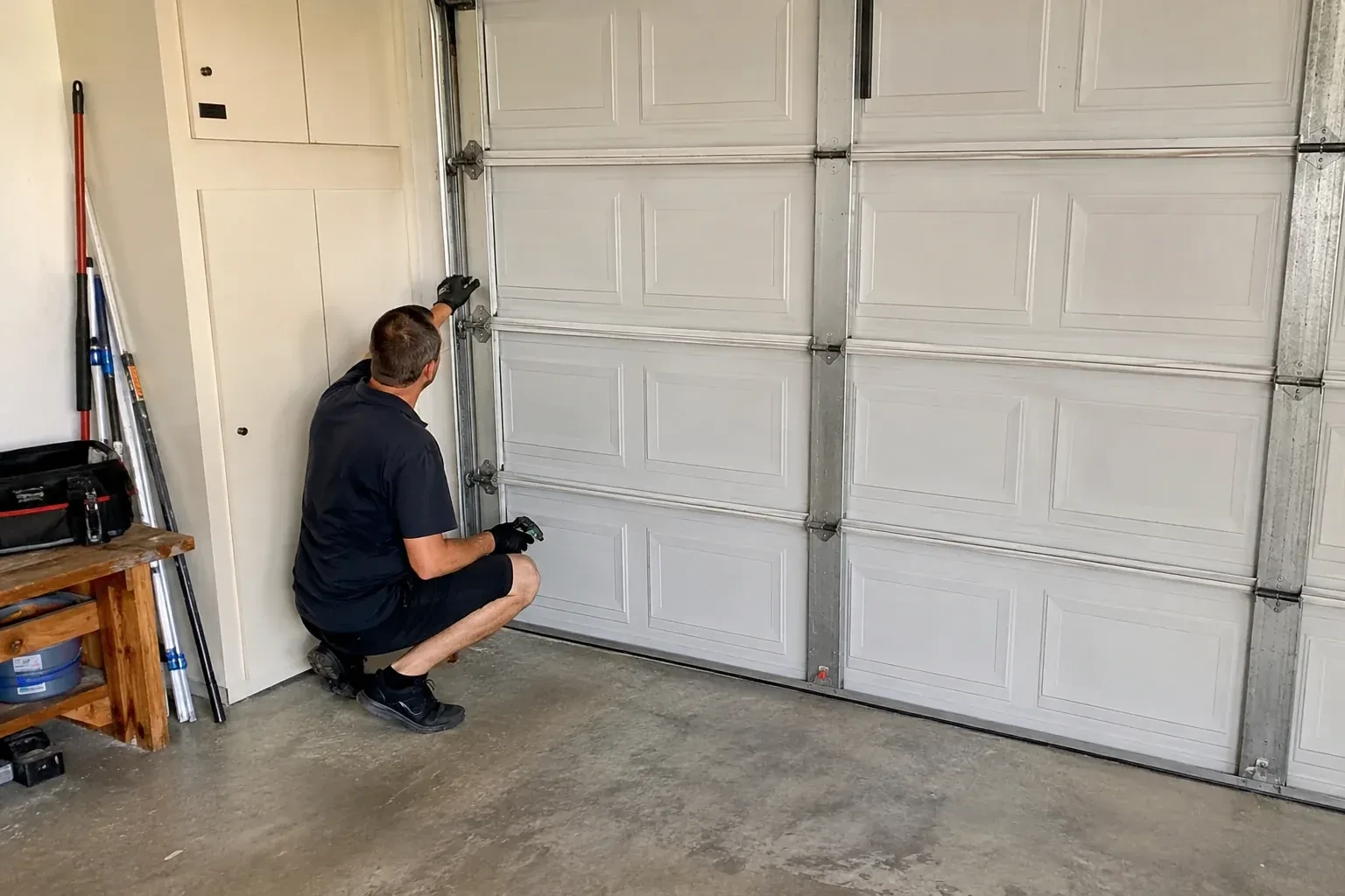 A person kneels beside the side track and hinges of a closed sectional garage door. — Garage Door Safety Inspection, Welland