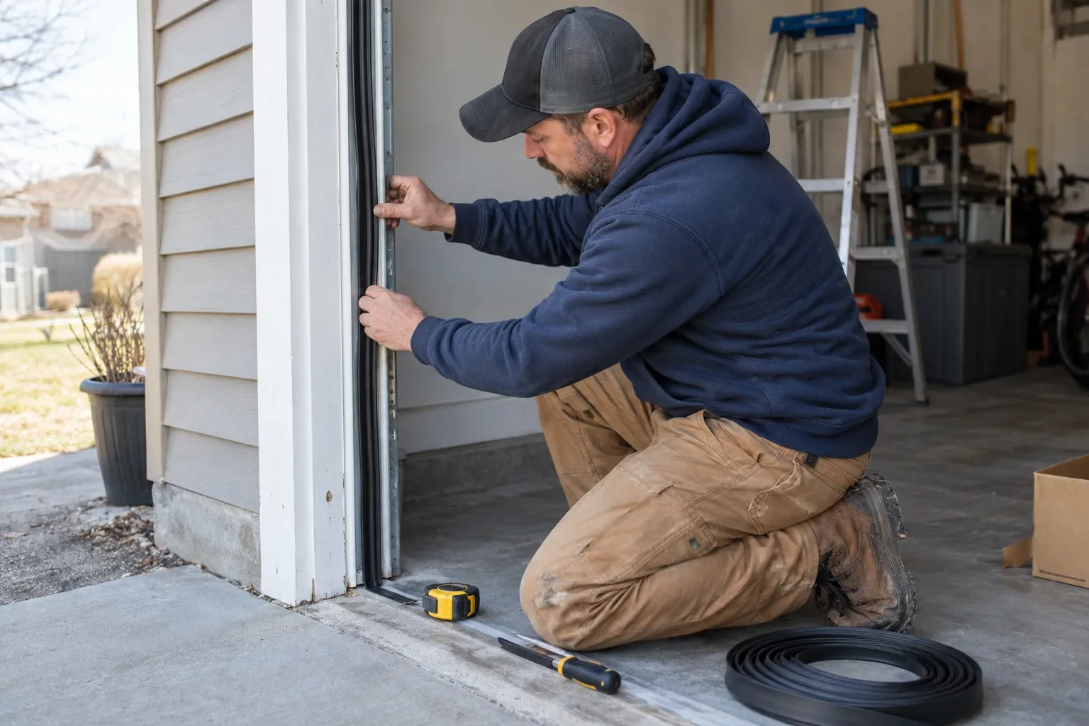 Technician kneeling beside white house siding, pressing a black rubber seal strip along a garage door side track.