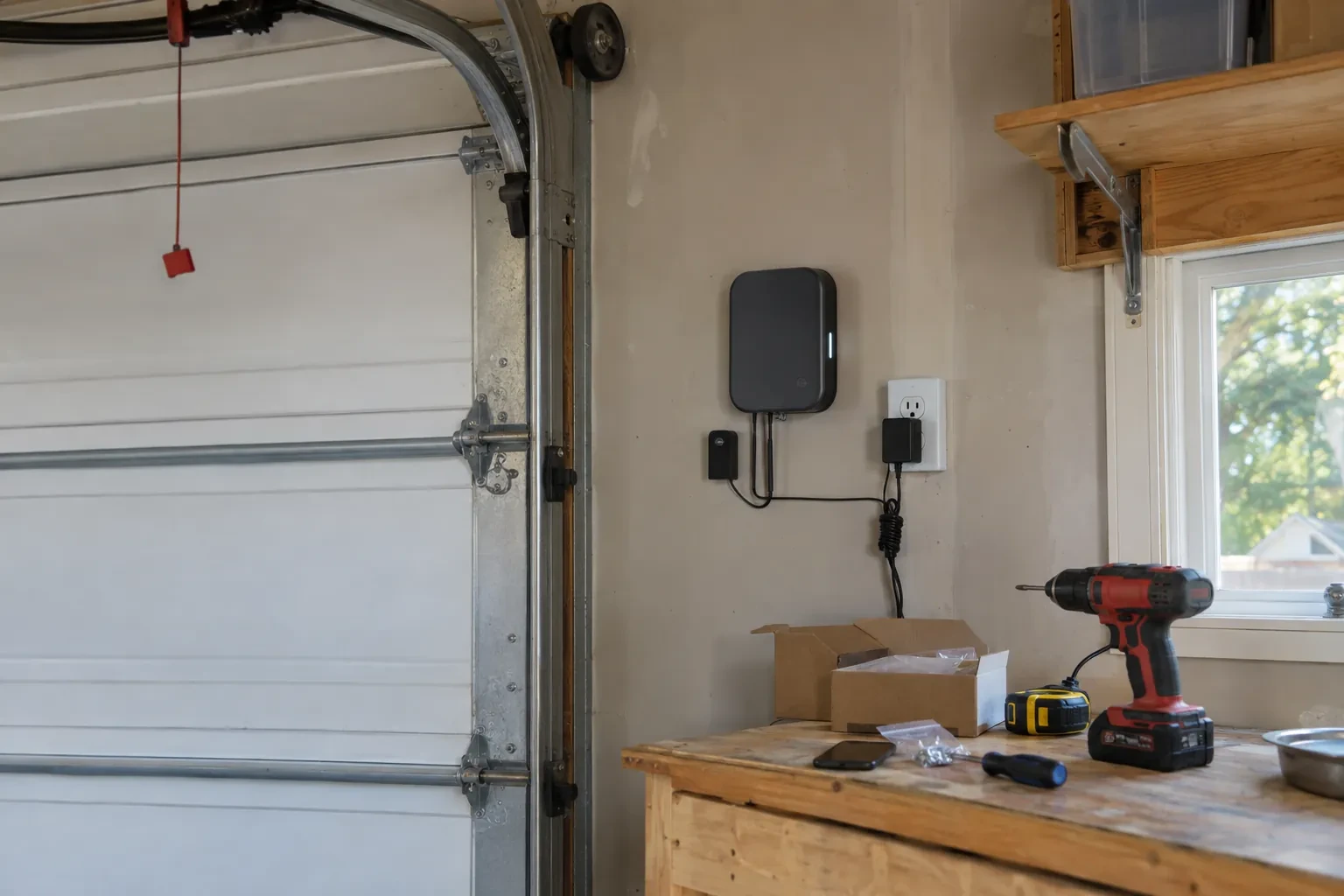 Dark wall-mounted box with a plug-in adapter and sensor beside a garage door, above a workbench with a drill and screws. — Wainfleet