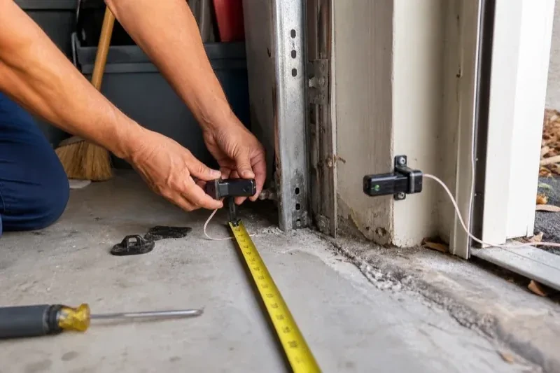 Hands holding a small wired device beside another mounted device and a tape measure at a garage-door opening — Photo-Eye Sensor Alignment or Replacement, Wainfleet